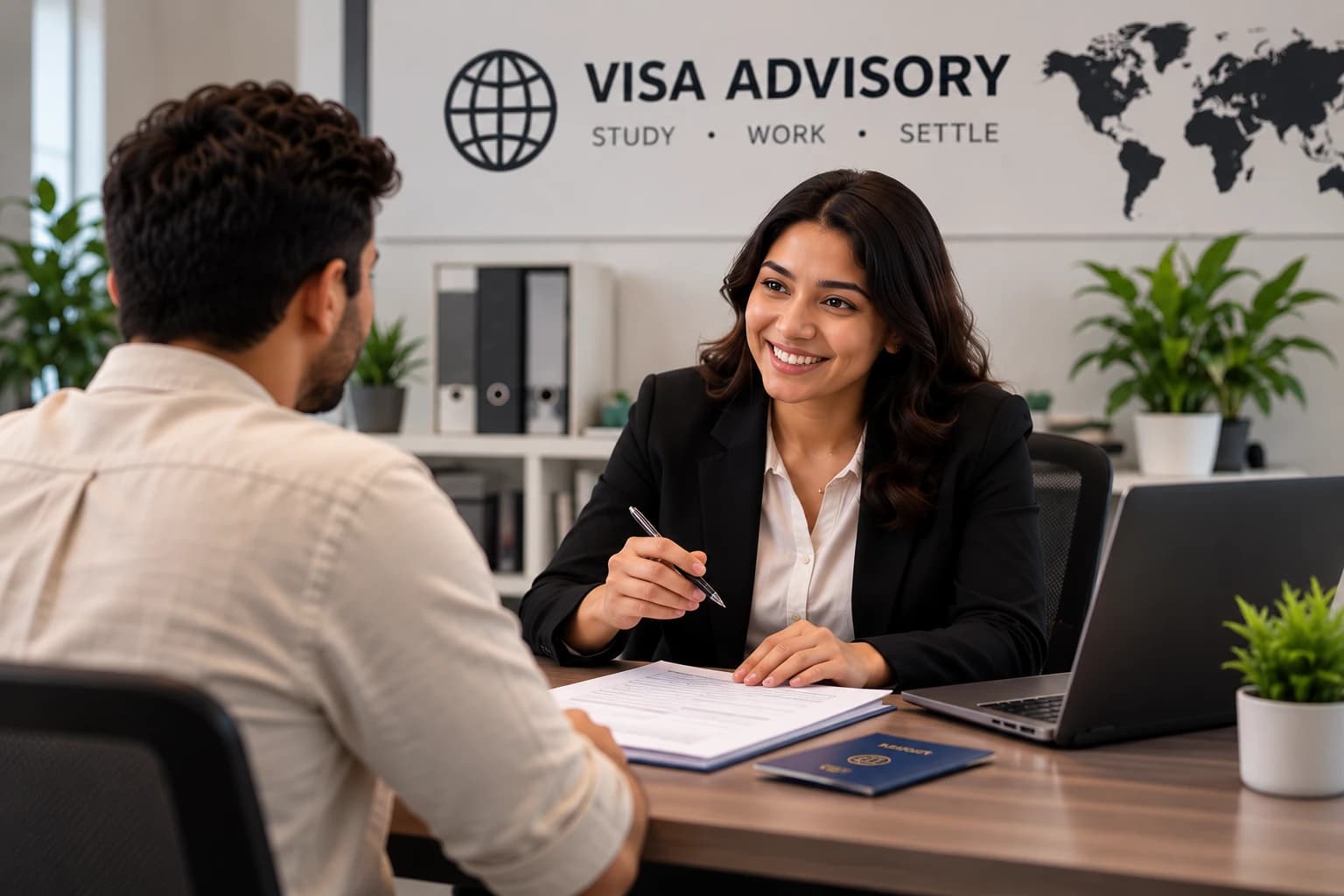 An advisor talking with a client at a desk with documents and a passport