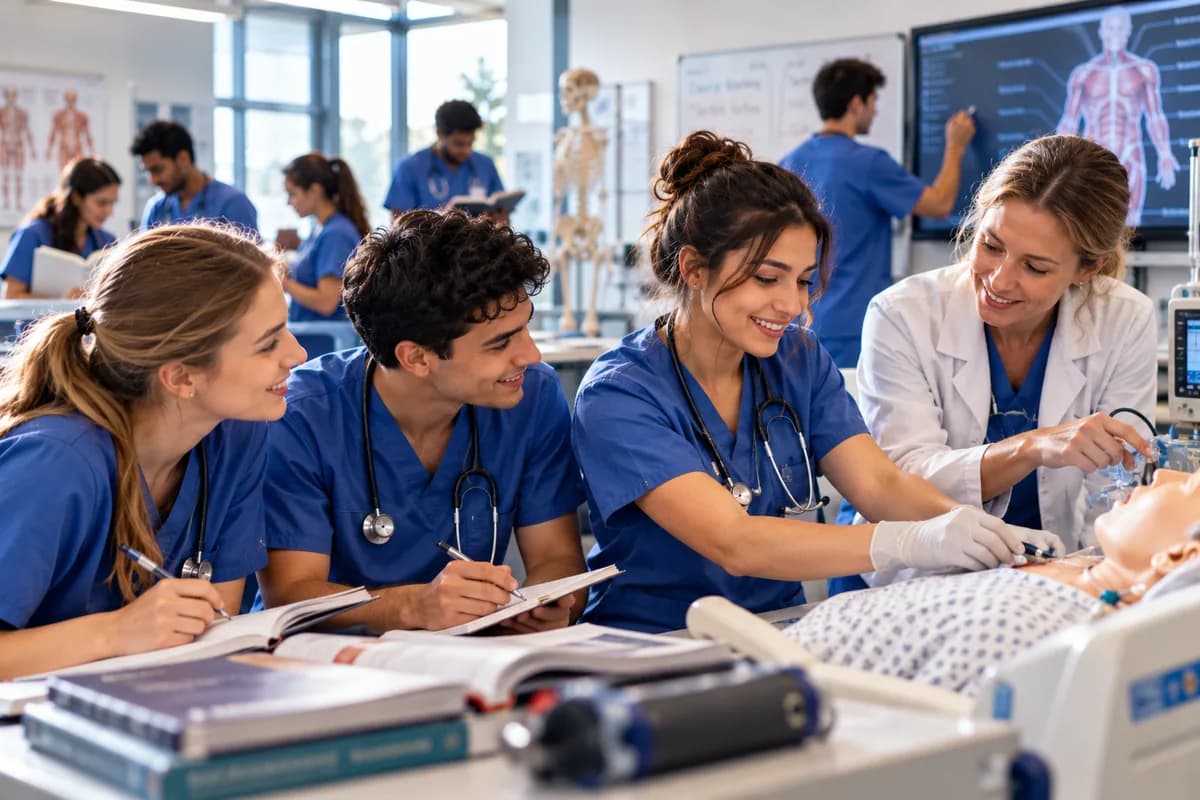 Nursing trainees practising clinical skills with an instructor