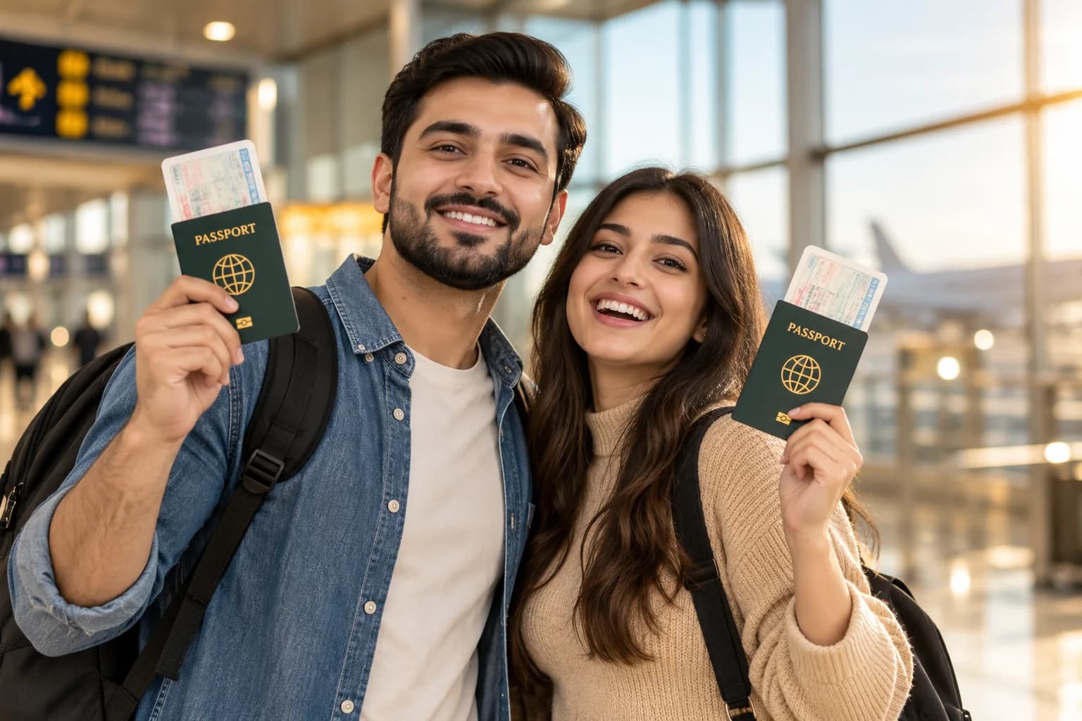 A couple at an airport departures hall holding passports and boarding passes